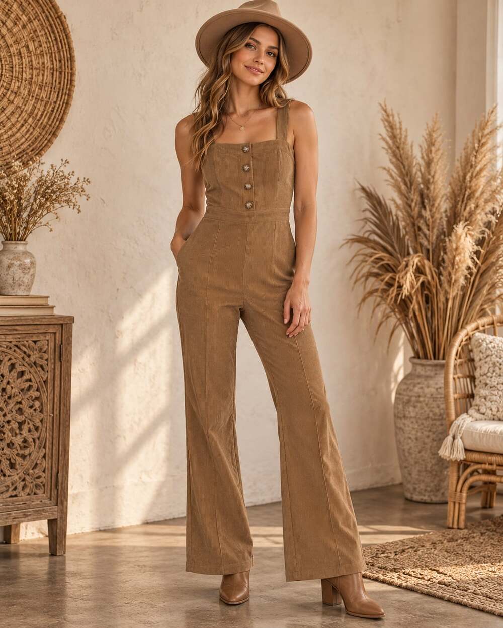 Flying Tomato Corduroy Button-Front Jumpsuit Brown Size M